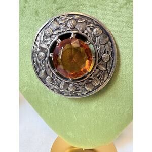 Vintage Scottish Thistle Pewter Brooch With Amber Colored Center Glass Stone Pin